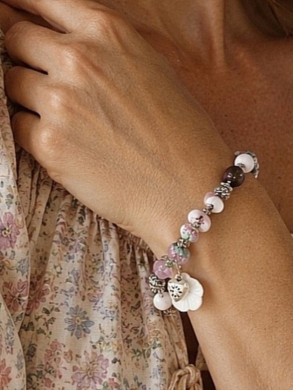 Murano Glass Lampwork Beads Faceted Pink Clear Acrylic Purple Stretch Bracelet